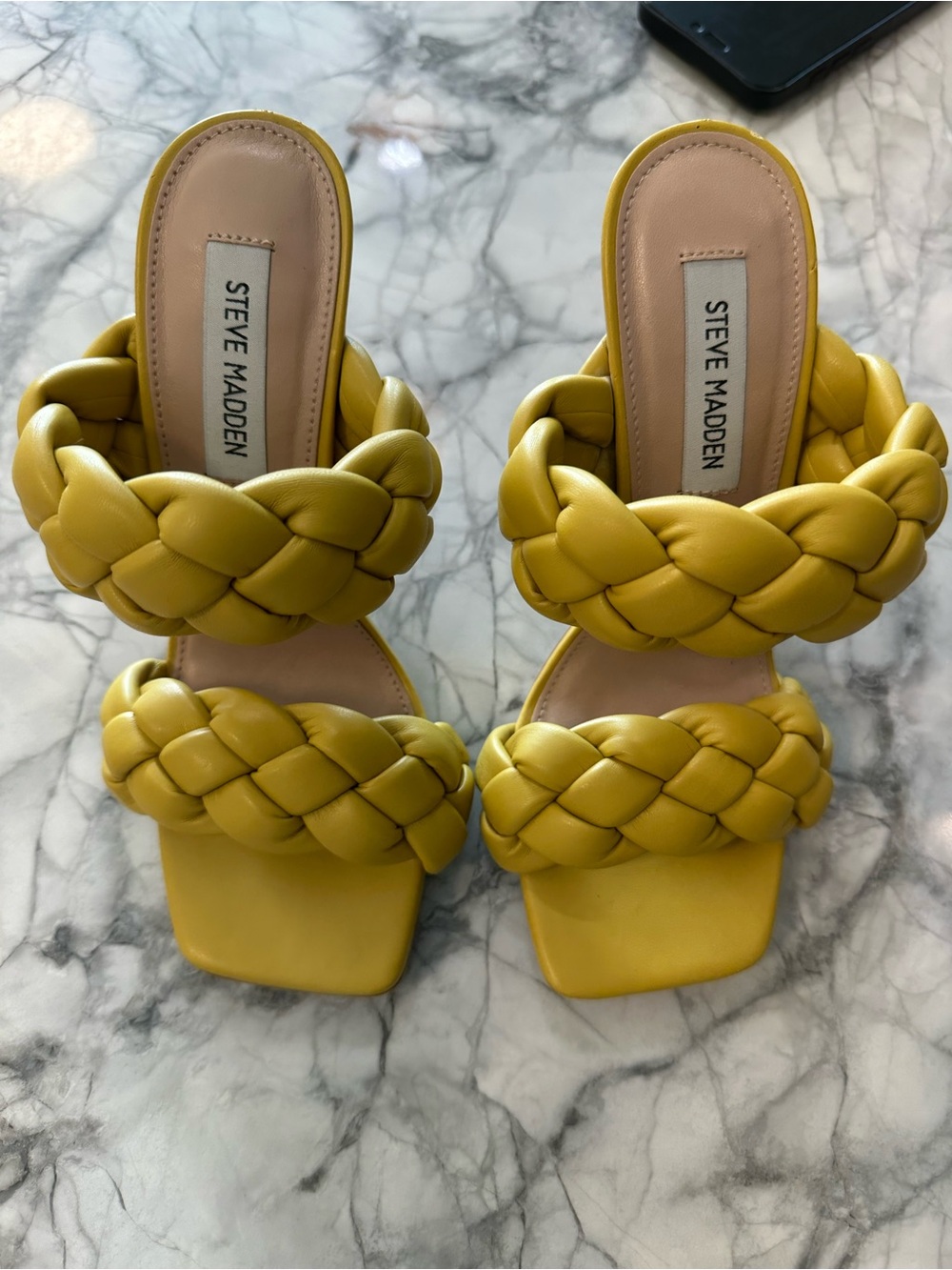 Steve Madden Braided Double-Strap Slide Sandals in Mustard Yellow